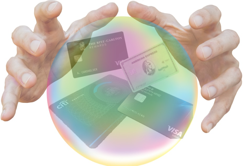 hands holding credit cards in a bubble
