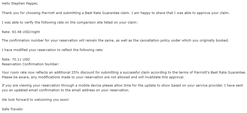 Marriott Best Rate Guarantee claim confirmation 2