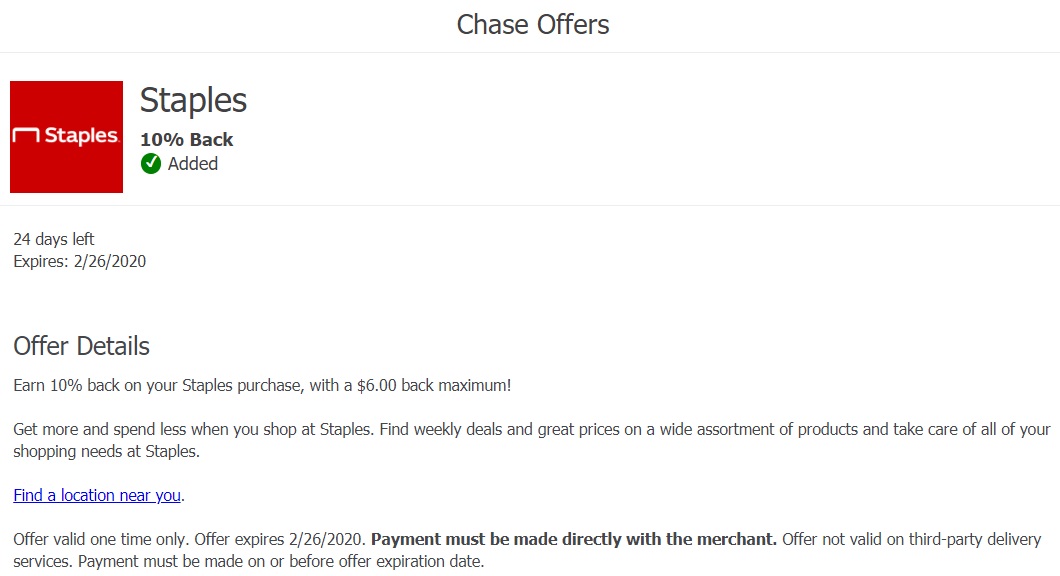 Staples Chase Offer BankAmeriDeals 02.02.20