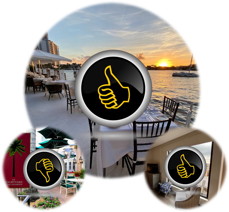 a group of images of a restaurant with a thumbs up symbol