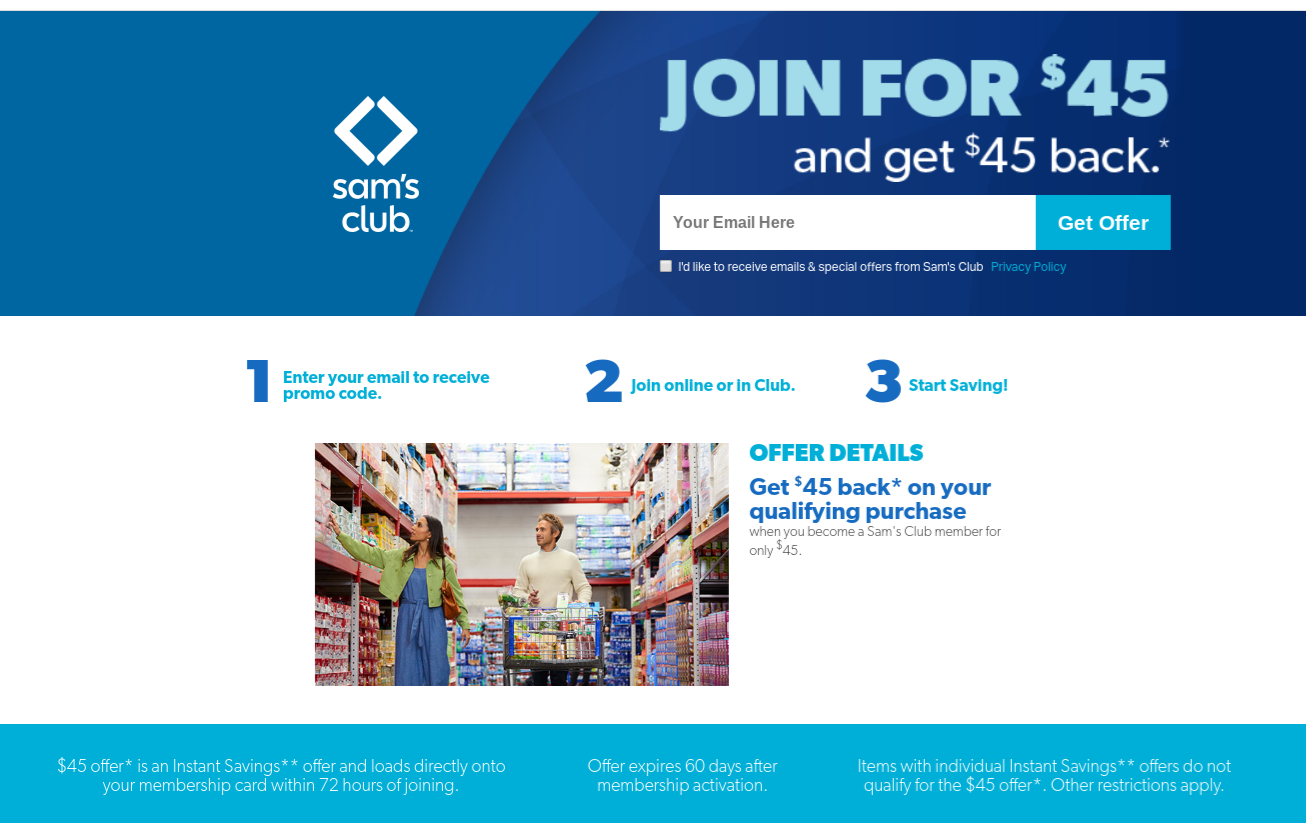 a blue and white website with a couple of people in a store