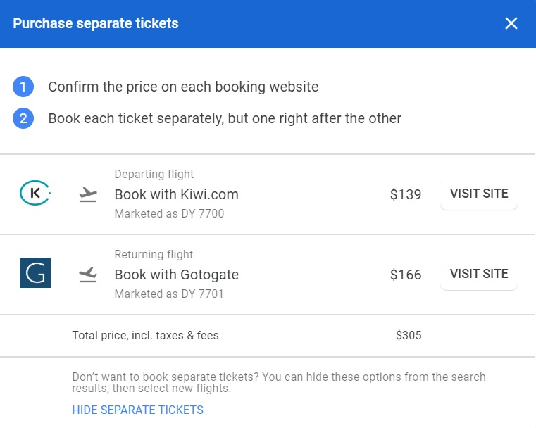 NYC-AMS Norwegian on Google Flights booked separately