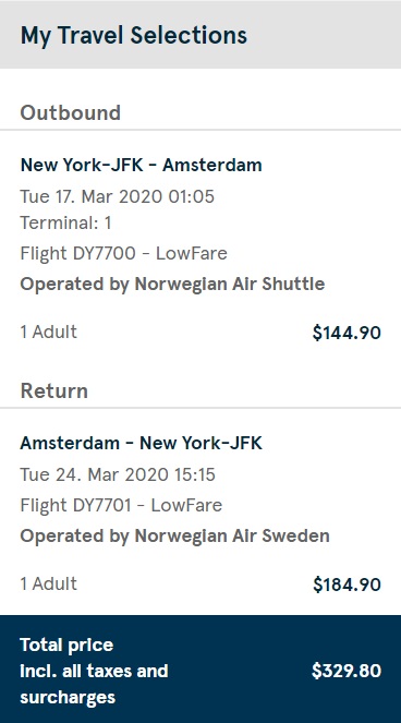 Norwegian JFK-AMS pricing before