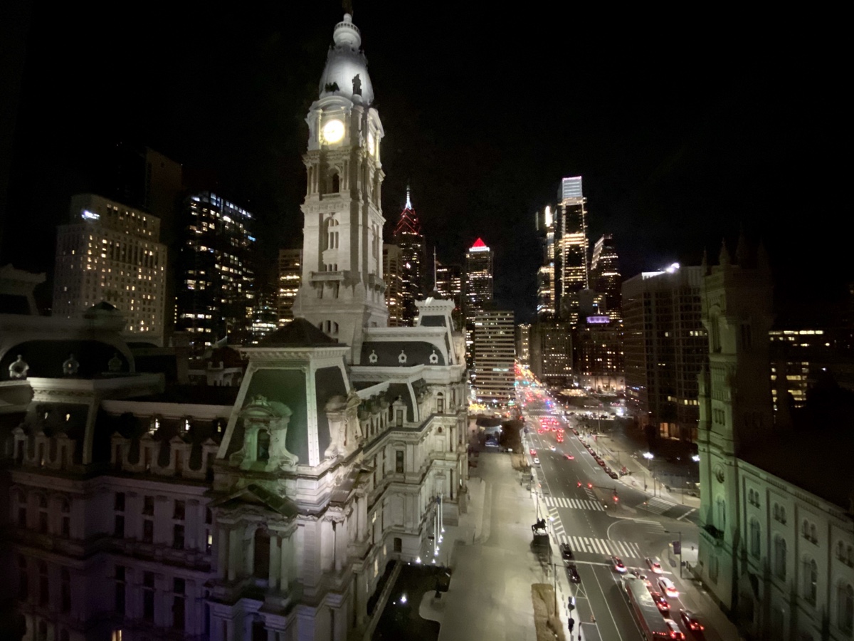 Soldiers' and Sailors' Monument skyline at night with a clock tower