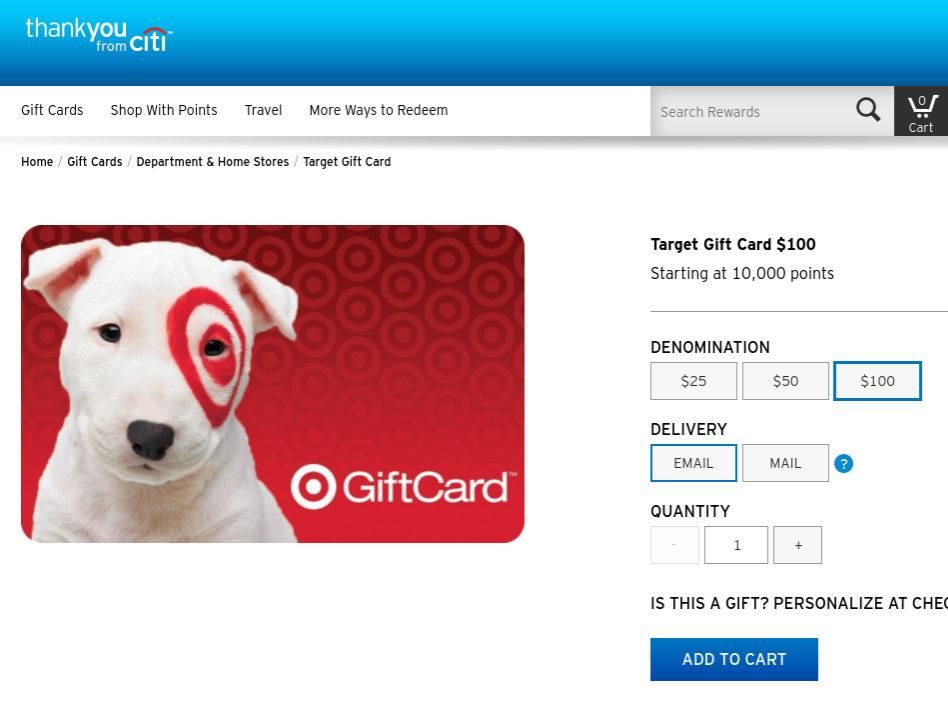 EXPIRED) 20% off gift card redemptions via Citi Thank You (1.25c per point)