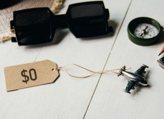 a plane and sunglasses on a string next to a price tag