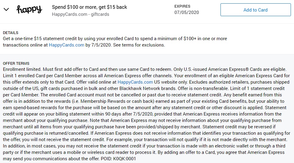 Happy Gift Cards Amex Offer Spend $100 Get $15