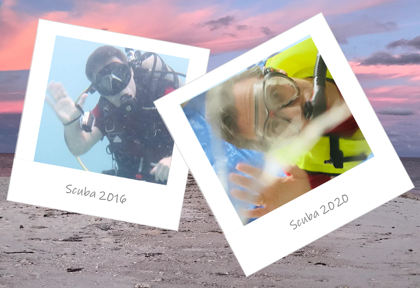 a two polaroid photos of a scuba diver