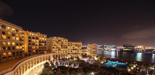 a building with lights on the outside