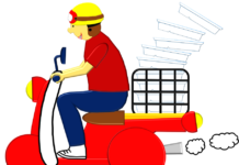 a cartoon of a man riding a red scooter
