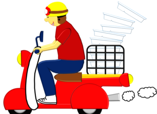 a cartoon of a man riding a red scooter