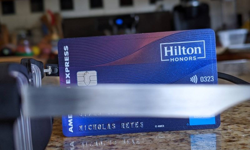 a blue and purple credit card