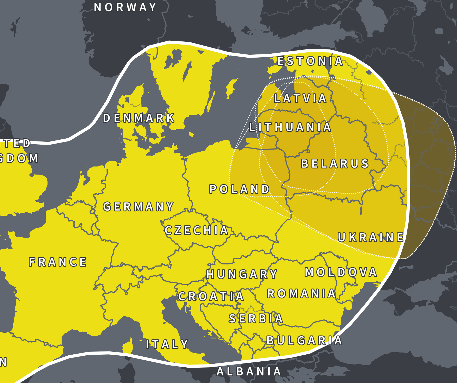 a map of europe with yellow and white lines
