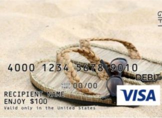 a credit card with a pair of sandals and sunglasses