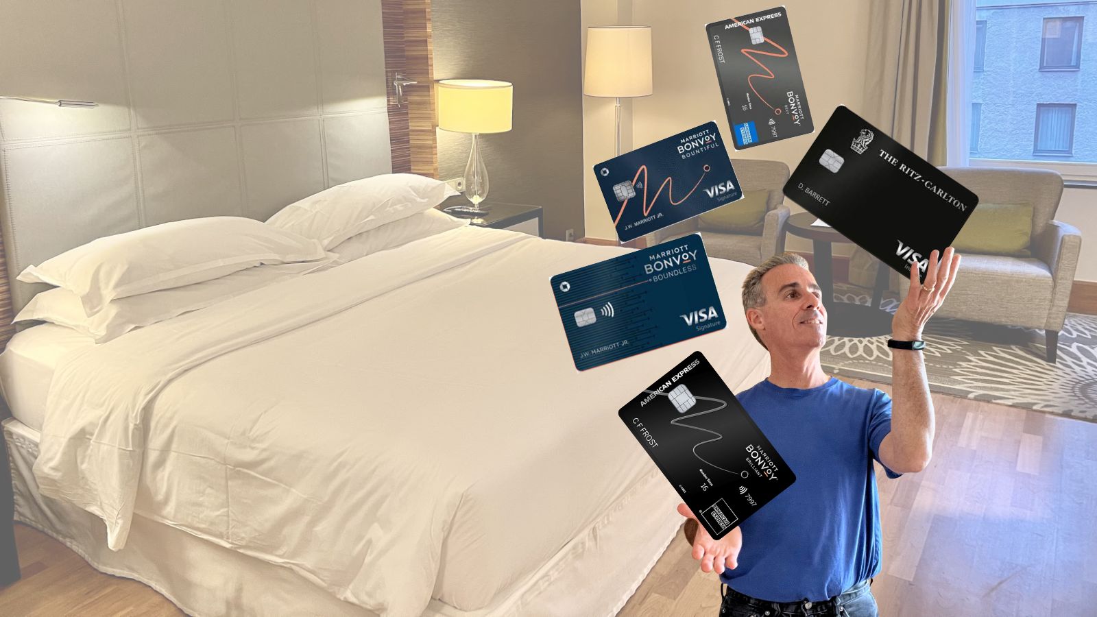 a man juggling credit cards in a hotel room
