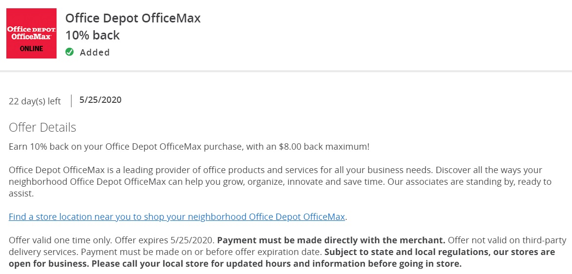 Office Depot OfficeMax Chase Offer 10% $8 Back