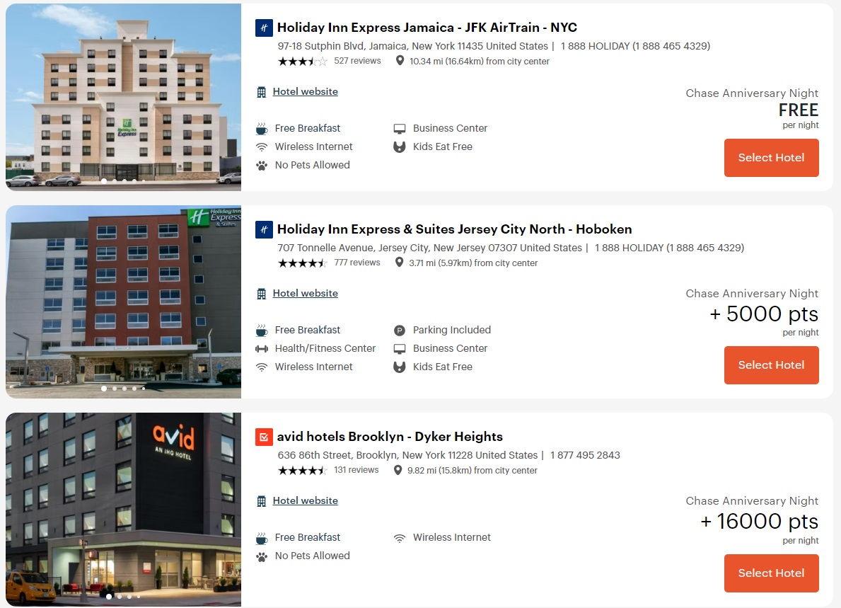 IHG free night certificate + points search results