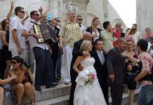 a group of people standing on stairs