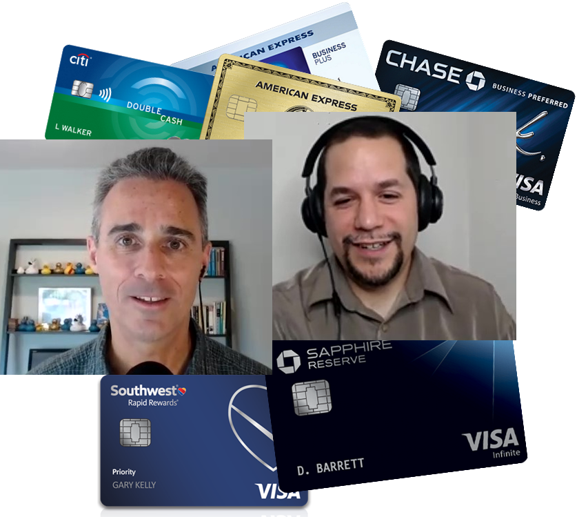 a collage of a man with headset and credit cards