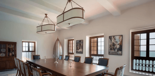 a room with a table and chairs