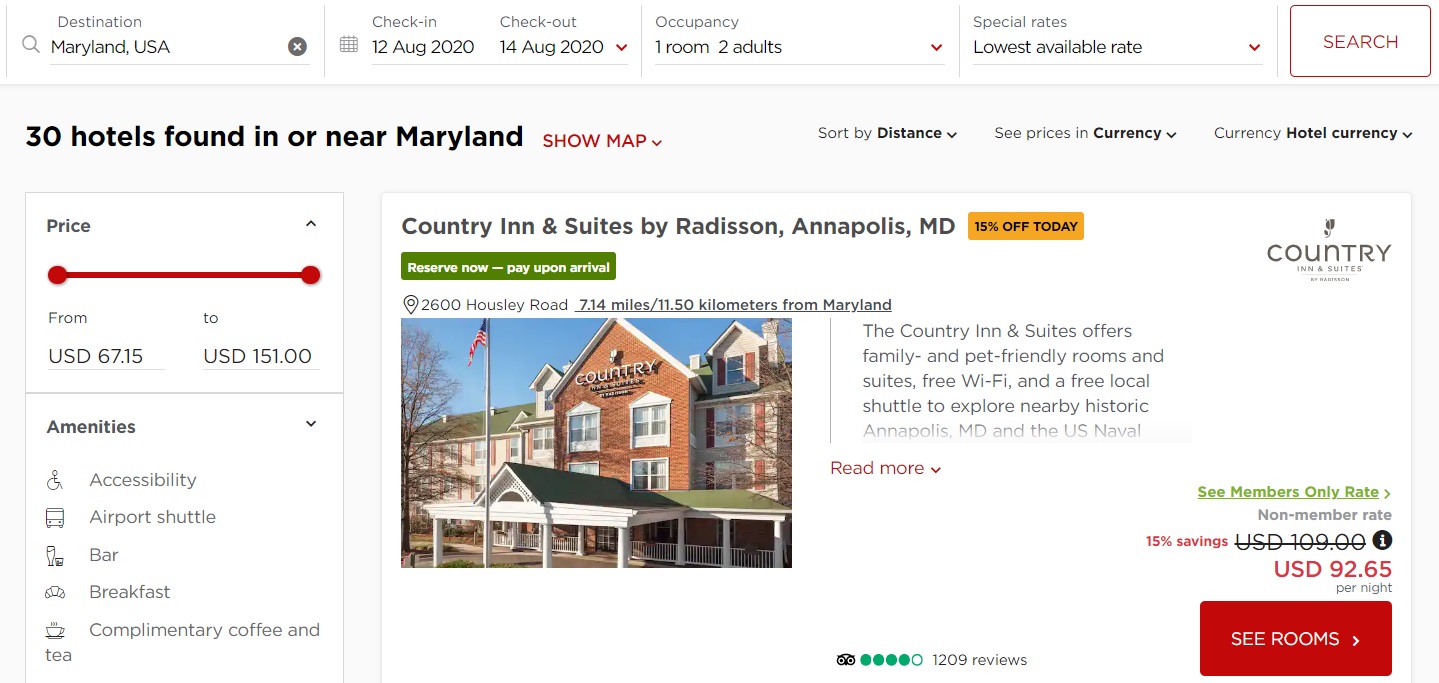 Radisson search results - Maryland