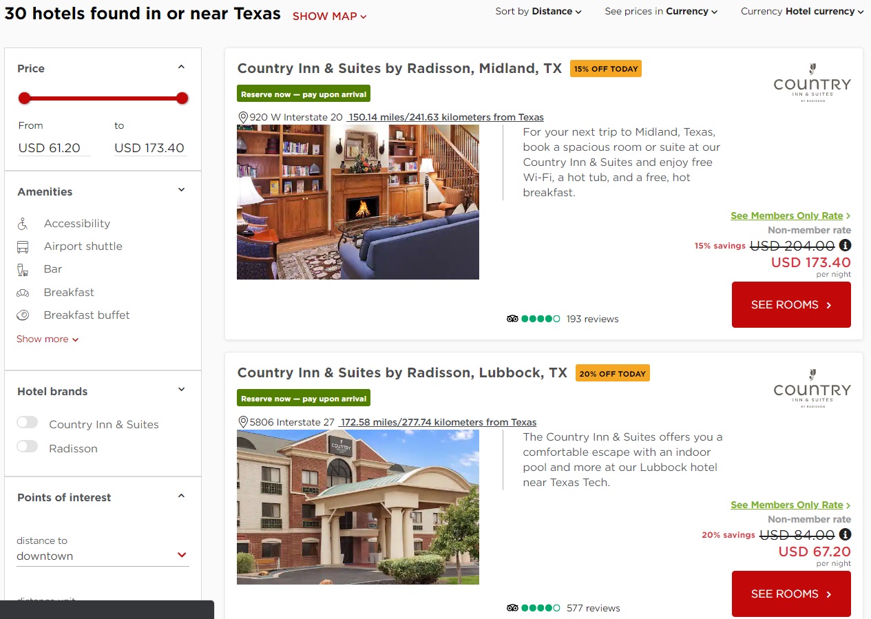 Radisson search results - Texas
