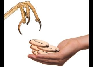 a hand holding coins with claws and a bird's paw