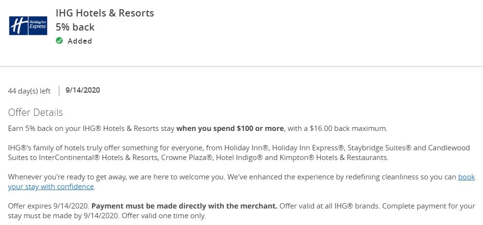 IHG Chase Offer 5% Back 08.31.20