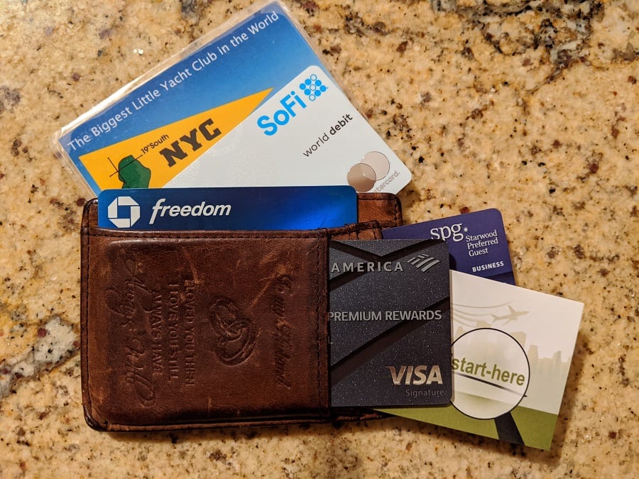 a wallet with credit cards and cards on a counter