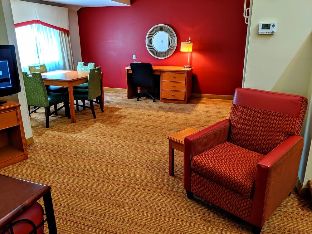 Part of the living room and dining area in our bi-level loft at the Residence Inn Hartford Windsor, CT