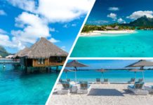 a collage of a beach with a hut and chairs with Bora Bora in the background