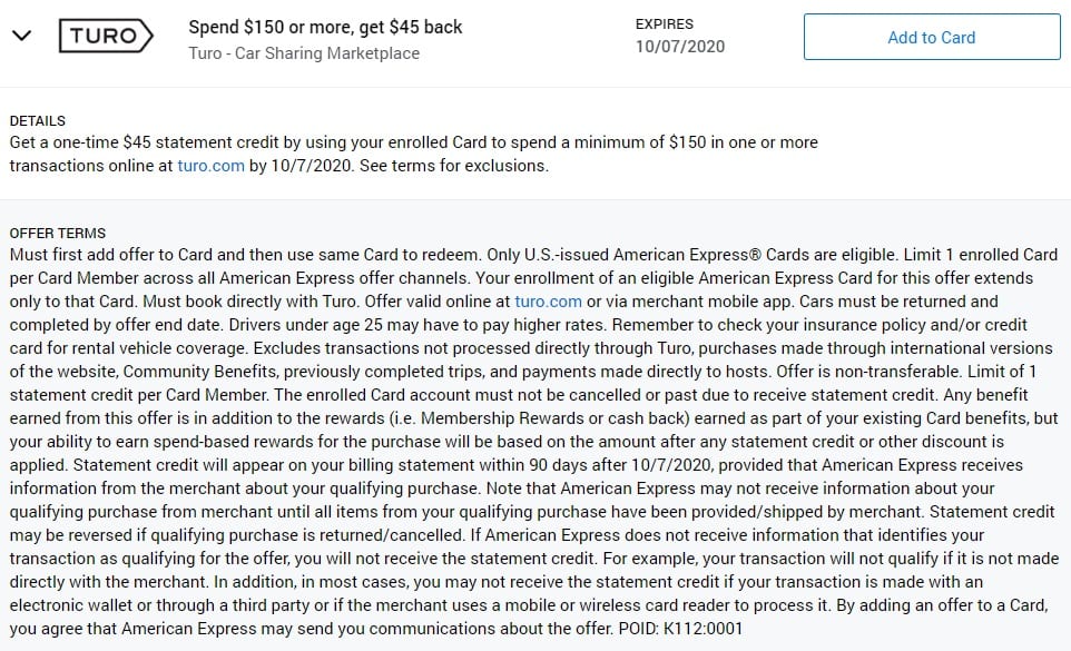 Turo Amex Offer Spend $150 & Get $45 Back