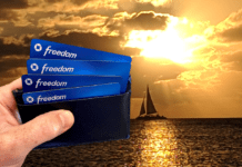 a hand holding a wallet with several blue cards in front of a sailboat in the background