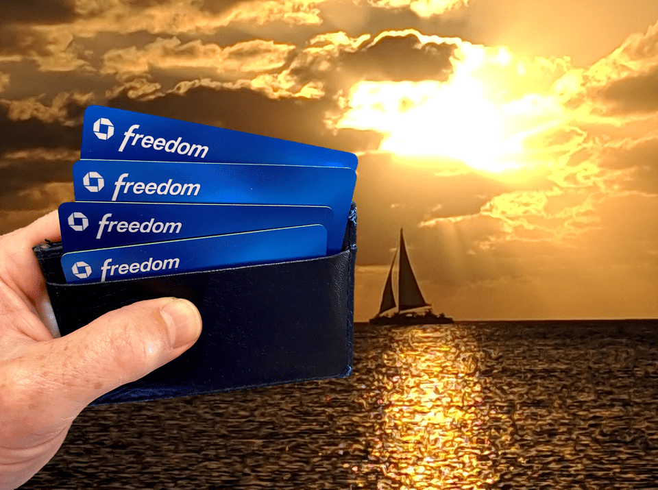 a hand holding a wallet with several blue cards in front of a sailboat in the background