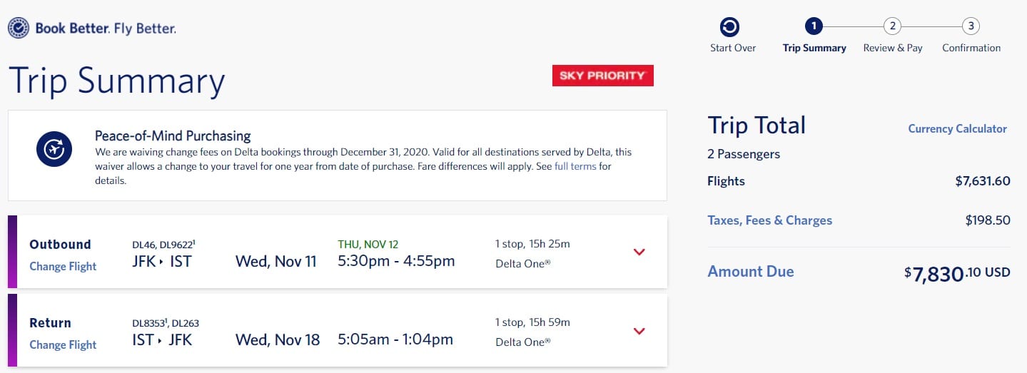 Delta Vacations NYC-IST total cost in business class paid for separately