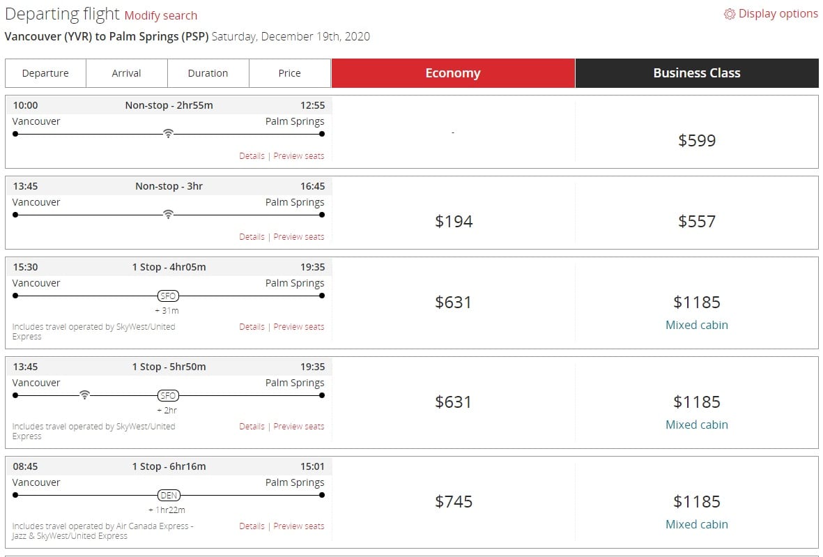 Air Canada Jetz Vancouver to Palm Springs pricing