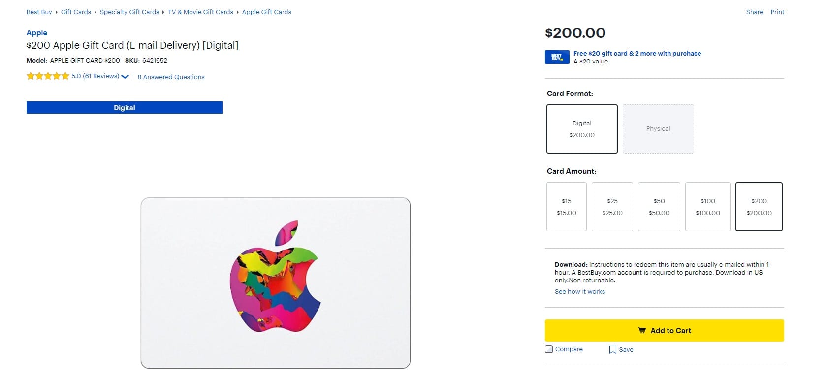 $200 Apple Gift Card (Email Delivery)