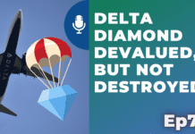 a blue diamond with a red and white parachute