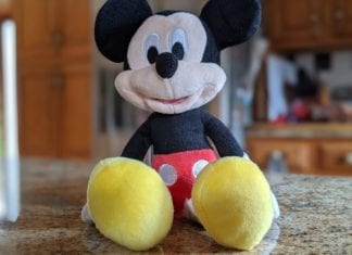 a stuffed toy mouse sitting on a counter