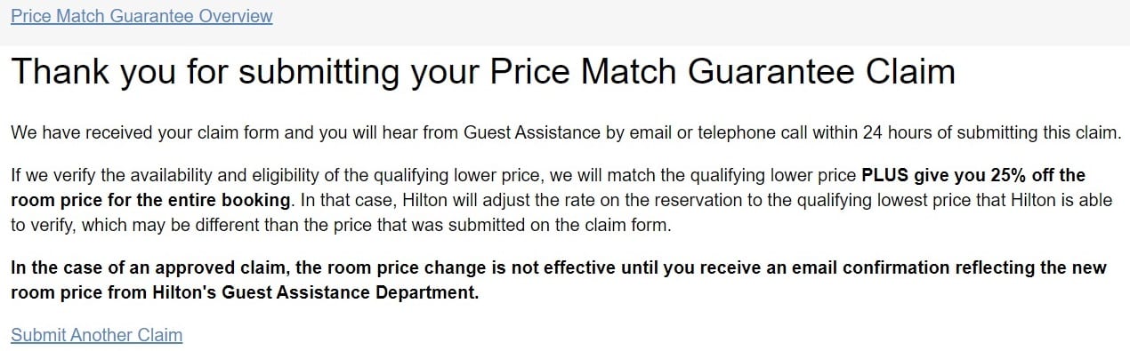 Embassy Suites Hampton - Hilton Price Match Guarantee claim form submitted