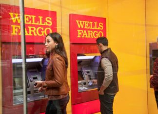 Wells Fargo ATM withdrawal debit card bank lobby cash
