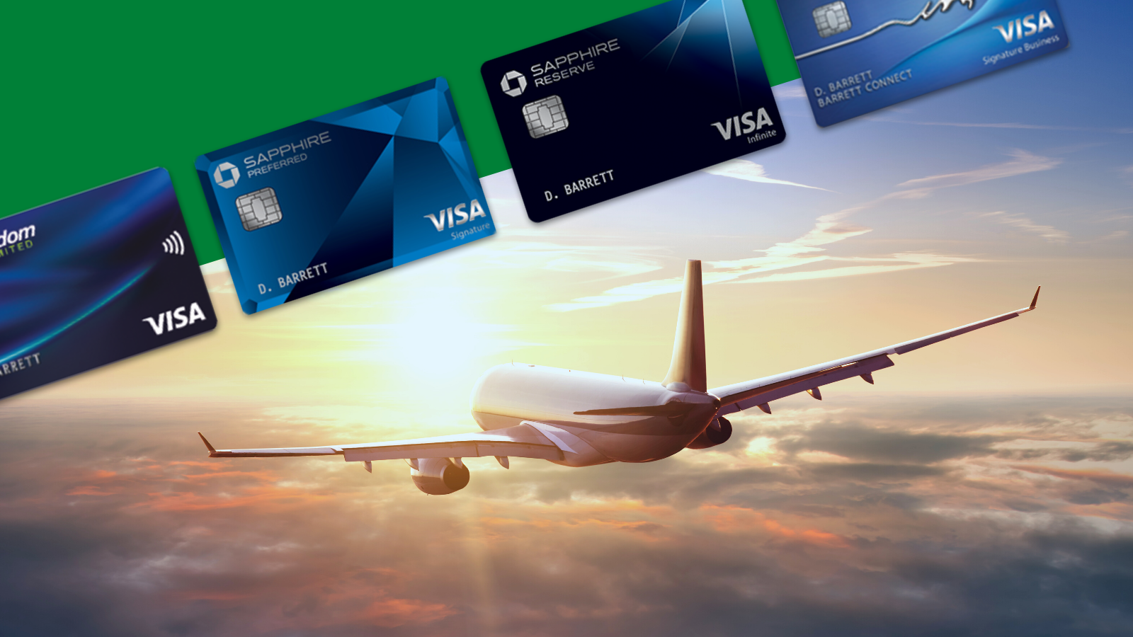 a plane flying in the sky with credit cards