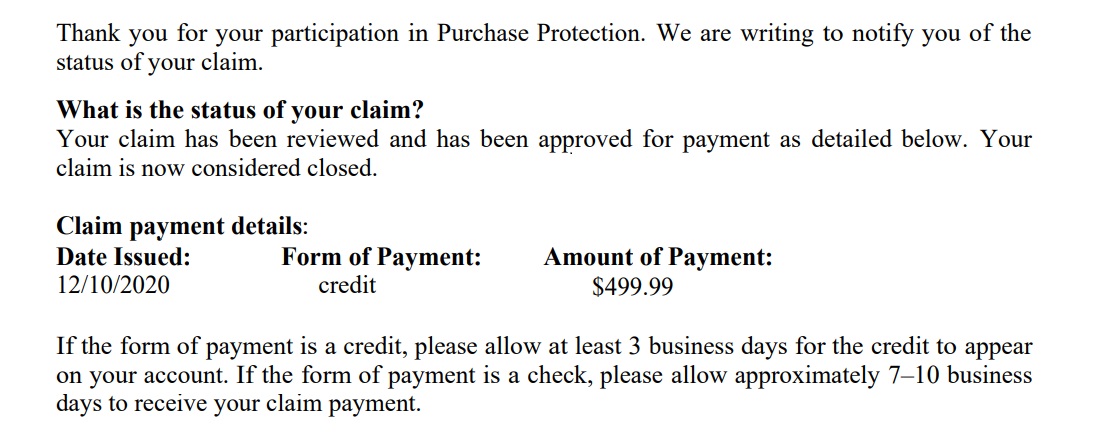 Amex purchase protection claim approved