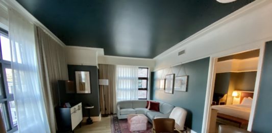 a room with a couch and a table