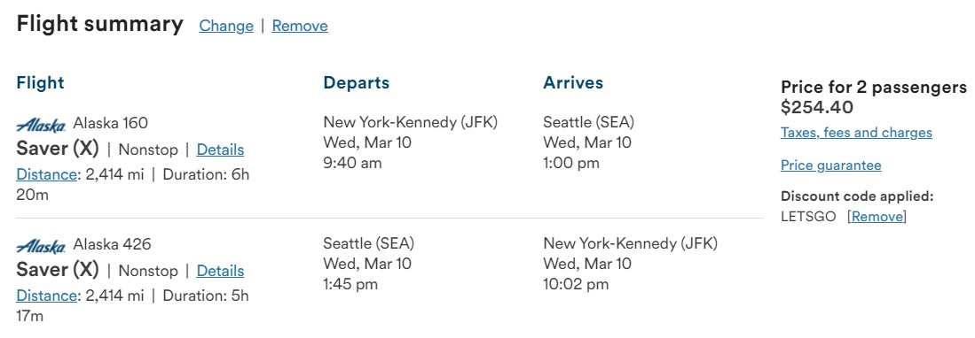 Alaska Airlines promo code LETSGO NYC-SEA 2 people round trip