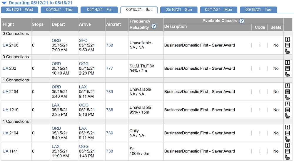 a screenshot of a flight schedule