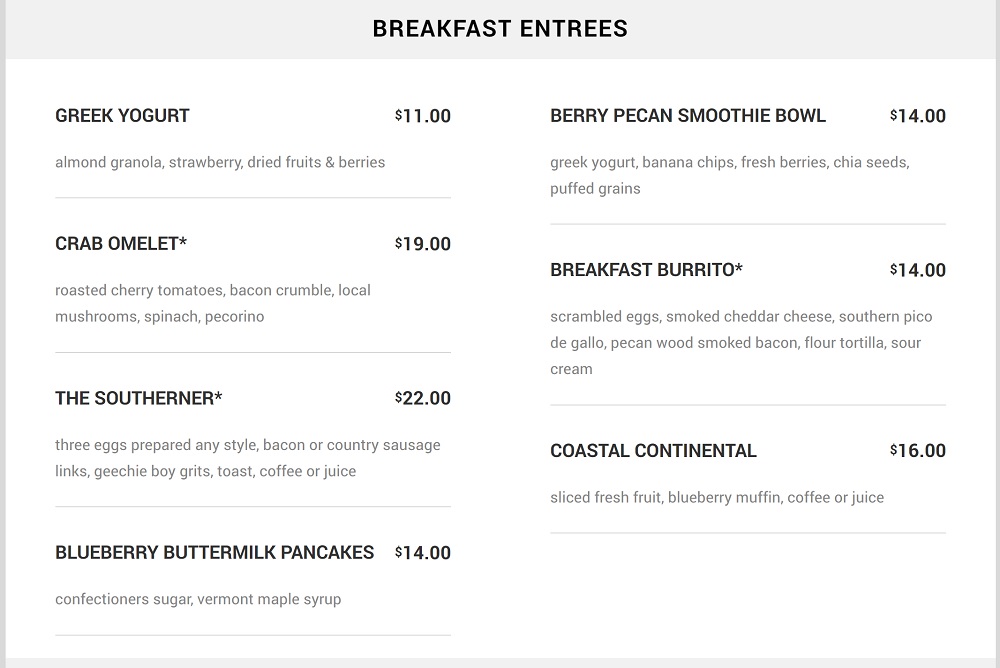 a menu of breakfast entrees