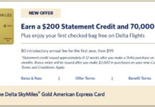 Delta Gold 70,000 Miles $200 Statement Credit