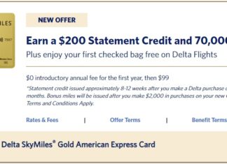 Delta Gold 70,000 Miles $200 Statement Credit