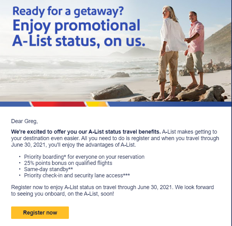 EXPIRED) Free A-list status for some Southwest Rapid Rewards